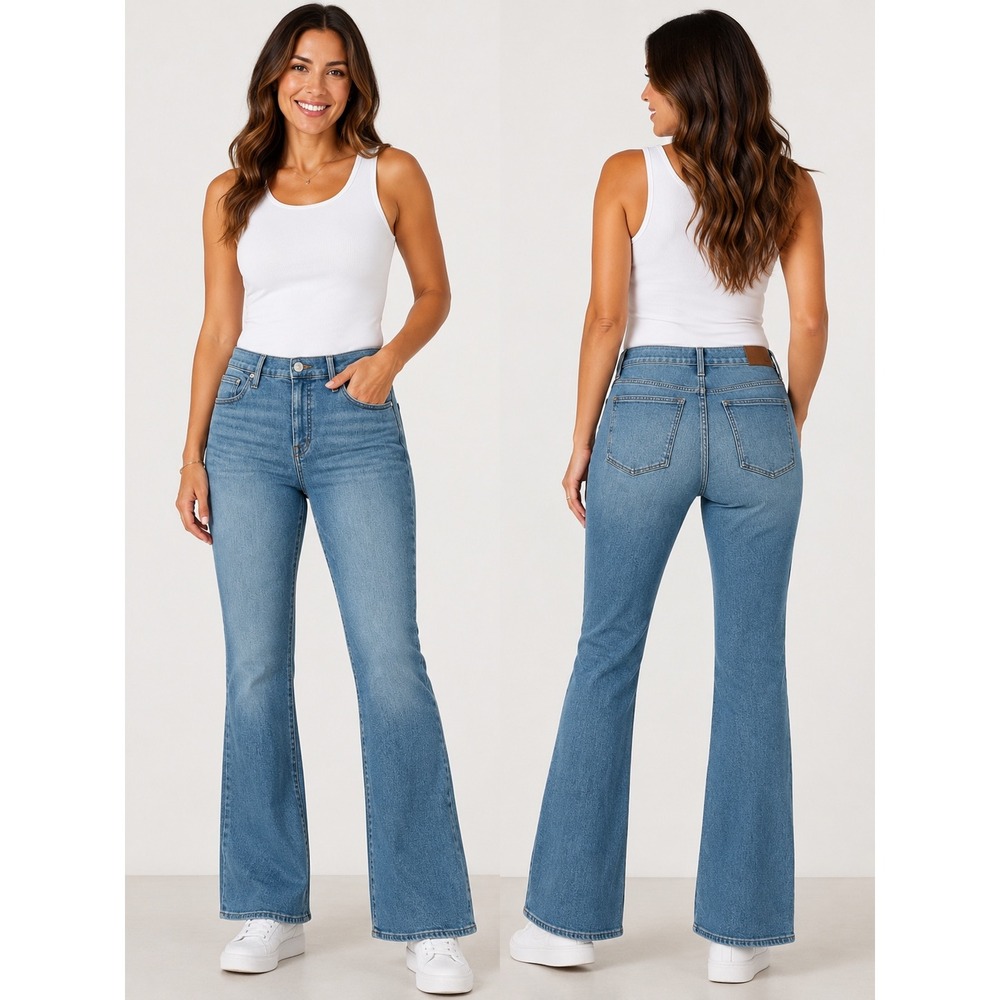 Madewell Mid-Rise‎ Kick Out Jeans Magic Pockets Blue Flare Ankle W33P Petite
